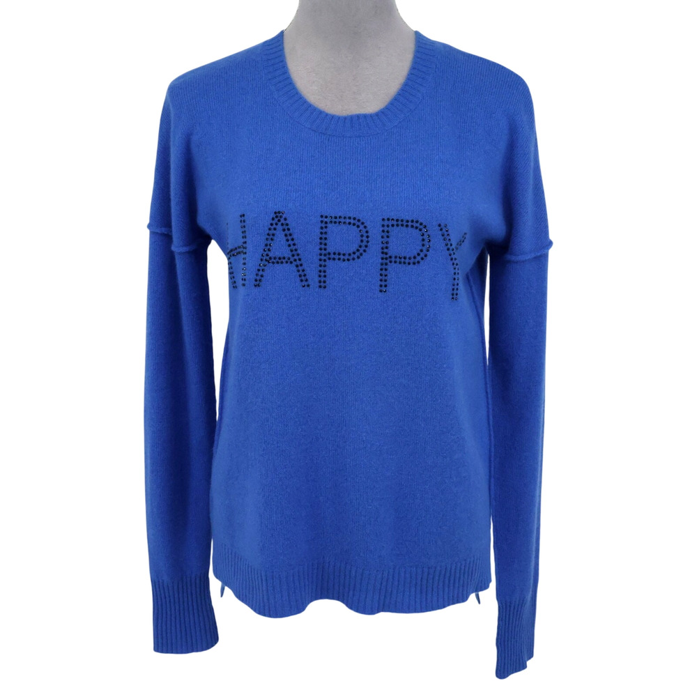 Aqua Cashmere Sweater Womens Medium Blue Beaded Happy Tunic Pullover Preppy